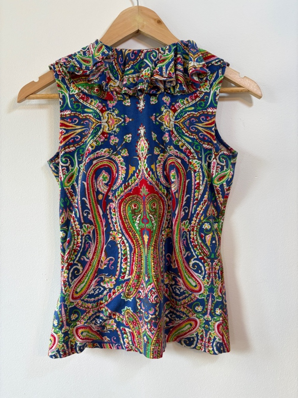 Lauren Ralph Lauren Paisley Ruffle Sleeveless Top Blue Multi Boho Preppy XS - Picture 6 of 7
